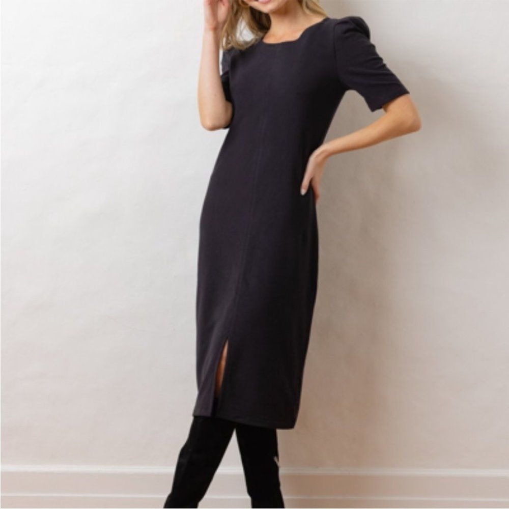 Dudley Stephens Duncan Dress Terry Black Recycled Fleece MIDI Puff Sleeve Sz XS